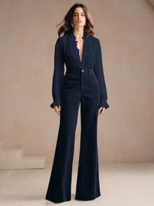 Anewsta 女士海军蓝灯芯绒喇叭裤，铆钉口袋设计，优雅商务休闲风，适合春秋季穿着 - 藏蓝色 - 查看 7