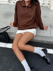 INAWLY Moletom Feminino de Cor Sólida, Estilo Minimalista, Casual, Gola Virada, Manga Longa - Castanho - Visão 6