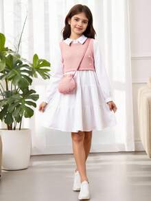 SHEIN Tween-Mädchen 3-teiliges Westenset mit Perlendekor und weißem, langärmeligem Lässig Hemdkleid, einschließlich 1 Umhängetasche, Herbst-/Winterset