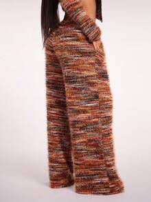 Radiana 大码女式复古美拉德棕色低腰抽绳阔腿裤，舒适休闲家居服毛绒针织阔腿裤，女式纹理针织裤 - 彩色 - 查看 4