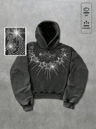 Grunge Punk Herren Glitzer Buchstaben & Stern Diamant gewaschener Vintage Hoodie, Herbst