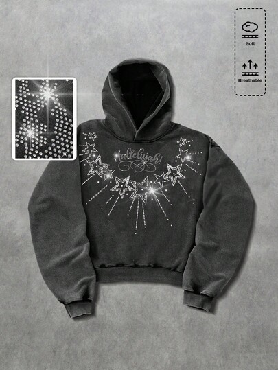 Grunge Punk Herren Glitzer Buchstaben & Stern Diamant gewaschener Vintage Hoodie, Herbst