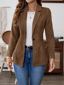 EMERY ROSE Women's Solid Color Lapel NeckLong Sleeve Single-Button Casual Blazer, Autumn,Fall - Brown - View 7