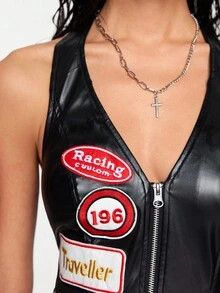 ROMWE Street Life 赛车季街头徽章刺绣 PU 修身挂脖背心（女款）