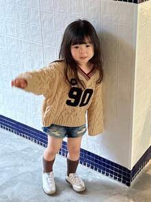 DAZY Toddler Girls' V-Neck Contrast Color Casual Long Sleeve Sweater, Autumn/Winter - Camel - View 7