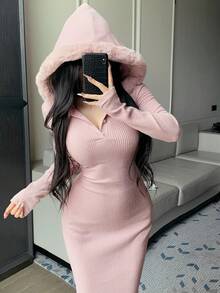 DAZY 秋冬纹理条纹羊毛毛领拼布连帽卫衣裙，性感高开叉修身中长连衣裙，粉色 - 粉色 - 查看 7
