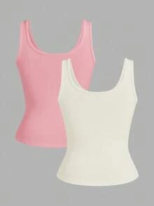 Slaydiva 3 chiếc/gói Áo ba lỗ cổ chữ V khoét sâu màu đen + trắng đơn giản thường ngày dành cho nữ - Hồng - Xem 2