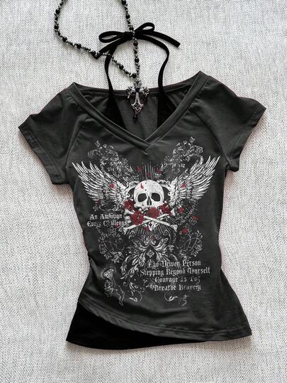 Attitoon Women's Casual Retro V-Neck Halter Tie-Up Contrast Color Short Sleeve T-Shirt, Suitable For Summer, Vintage, Skull Print, Wing Print, Suitable For Y2K, Grunge,Halloween Shirt