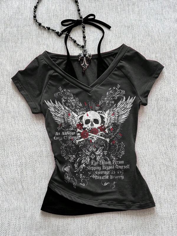 Attitoon 女士休闲复古 V 领露背系带撞色短袖 T 恤，适合夏季，复古，骷髅印花，翅膀印花，适合 Y2K，垃圾摇滚