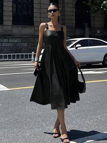 DAZY 女式纯色修身 PU 无袖连衣裙，腰部收紧伞裙，优雅街头风格中长连衣裙，适合秋冬季 - 黑色 - 查看 6