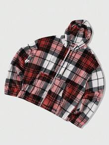 ROMWE MEN Street Life Men's Plaid Hooded Sweatshirt, Street Style American Casual Sweatshirt, Autumn/Winter - Red - View 6