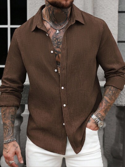 Manfinity Homme Men Solid Color Textured Fabric Front Button Casual Linen Long Sleeve Shirt, Fall Black And Khaki Shirt Men Rust Color Shirt Men Casual Long Sleeve Shirts Dark Brown Shirt