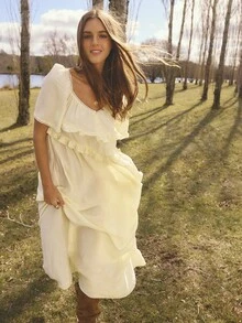 Aralina Đầm Maxi Tay Ngắn Cổ Chữ V Phối Ren Phong Cách Kỳ Nghỉ Cho Nữ - Màu be - Xem 5