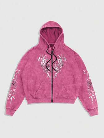 Street Life Sudadera casual lavada con estampado de copos de nieve para hombre, sudadera con capucha rosa, otoño