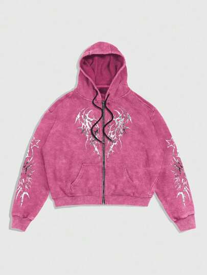 Street Life Sudadera casual lavada con estampado de copos de nieve para hombre, sudadera con capucha rosa, otoño