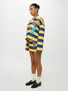 SUMWON WOMEN Varsity Rugby Stripe Collegiate Style Sweatshirt With Patches Retro Sports Number Football For Fall Winter Y2K Fashion - Multicolor - View 4