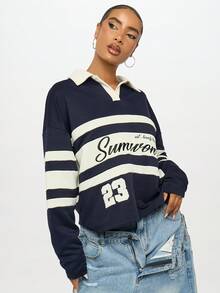 SUMWON WOMEN 超大号大学运动服长袖 Polo 橄榄球上衣，带有运动白色条纹印花和经典撞色领子，秋冬街头时尚必备单品 - 藏蓝色 - 查看 4