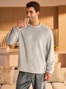 SHEIN Bộ đồ ngủ dài tay cổ tròn màu trơn và quần dài mềm mại cho nam, trang phục thu đông, ấm áp - Màu Xám nhạt - Xem 5