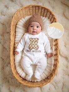 SHEIN 1件婴儿男女通用新生儿泰迪熊刺绣针织华夫格长袖露肩纽扣连体衣，男婴泰迪熊套装，婴儿套装1-12个月，休闲百搭婴儿连体衣熊新生儿服装男女通用中性婴儿服装男女通用泰迪熊婴儿服装白色婴儿连体衣婴儿连体衣男女通用婴儿服装 - 彩色 - 查看 1