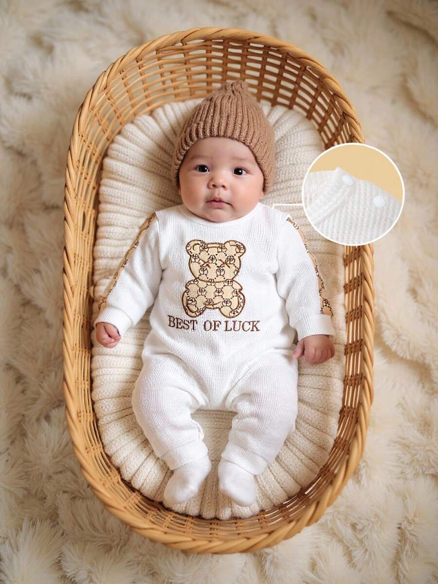 SHEIN 1件婴儿男女通用新生儿泰迪熊刺绣针织华夫格长袖露肩纽扣连体衣，男婴泰迪熊套装，婴儿套装1-12个月，休闲百搭婴儿连体衣熊新生儿服装男女通用中性婴儿服装男女通用泰迪熊婴儿服装白色婴儿连体衣婴儿连体衣男女通用婴儿服装 - 彩色 - 查看 1