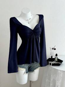 Elamini Women's Casual Twist Front V-Neck Long Sleeve T-Shirt, Versatile New Style, Spring/Autumn