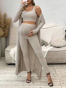 SHEIN Maternity Ribbed Crew Neck Tank Top + Long Sleeve Jacket + Pants 3-Piece Set - Apricot - View 1