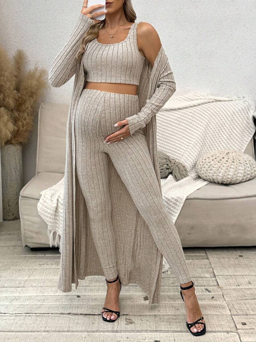 SHEIN Maternity Ribbed Crew Neck Tank Top + Long Sleeve Jacket + Pants 3-Piece Set - Apricot - View 1
