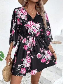 Breezaya Women's Simple Daily V-Neck Random Printed Dress Vacation Beach Outfit - Black - View 3