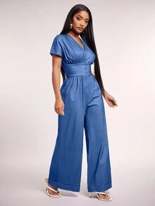 Radiana Women's Sexy Casual Denim Effect V-Neck Jumpsuit, Loose Wide Leg Pants Button Down Jumpsuit V Neck Jumpsuit Wide Leg Jumpsuit - Blue - View 5