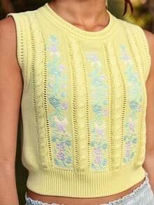 WESTFADE Chaleco de punto con cuello redondo, ajuste relajado, bordado floral de estilo country western, de punto de cable, para primavera y verano - Amarillo - Ver 2