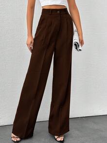 EURMUSE Women's Solid Color High Waisted Wide Leg Pants - Brown - View 4