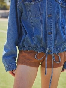 WESTFADE Collared Snap Button Front Drawstring Waist Long Sleeve 91% Cotton Denim Bomber Jacket Back To School Cute Fall - Medium Wash - View 6