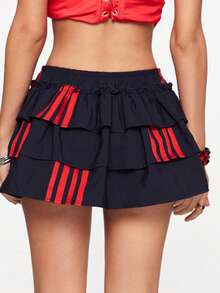 ROMWE Street Life 机车风多层褶皱裙，带有红色条纹装饰 - 黑色 - 查看 3