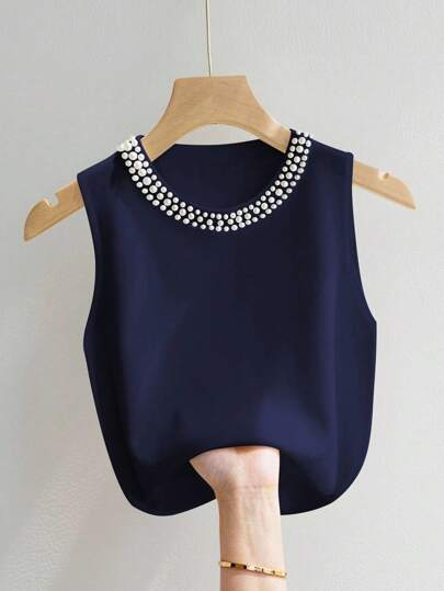 INAWLY Women's Minimalist Elegant Faux Pearl Decor Round Neck Camisole