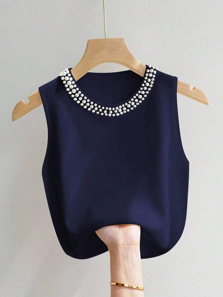 INAWLY Minimalistyczna, elegancka koszulka damska z okrągłym dekoltem i sztucznymi perłami - Królewski Niebieski - Zobacz 1