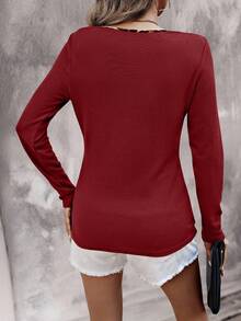 EMERY ROSE Women's Leopard Patchwork Simple Daily Notch Neck Long Sleeve T-Shirt Graphic Cheetah Print Tees Women Tops For Spring - Burgundy - View 2