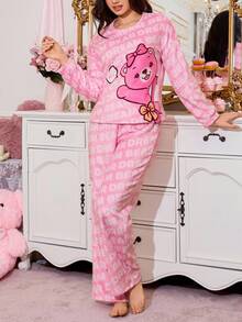 Conjunto de pijama de franela con estampado de oso lindo para mujer - Multicolor - Ver 4