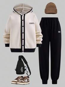 SHEIN Casuvi Kids 1 Set Teenage Boys Casual Minimalist Style Beige & Black Hoodie Sweatshirt With Black Pants, Regular Thickness, Everyday Wear, Autumn Fall Winter