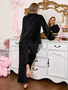 SHEIN Cute Heart & Cat Pattern Flannel Women Pajama Set, Fall/Winter Clothes, Fluffy, Cozy - Multicolor - View 2