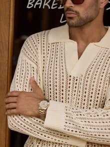 Manfinity VCAY Men's Casual Textured Hollow-Out Knit Sweater, Fall Winter - White - View 7