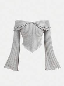 SHEIN Teen Girl Elegant Off Shoulder Flare Sleeve Asymmetric Hem T-Shirt And Skirt Set Fall Winter