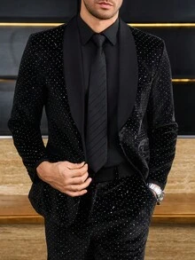Manfinity AFTRDRK 男士奢華水鑽單排扣西裝外套與長褲套裝，黑色波點，秋季，優雅，派對，老錢風燕尾服西裝，適用商務、宴會與典禮，正式 - 黑色 - 查看 2