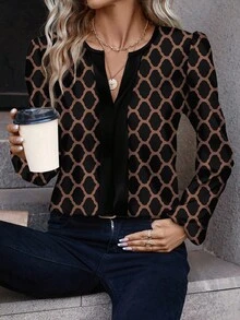 SHEIN Clasi قميص نسائي كاجوال بأكمام طويلة ذو نمط هندسي بسيط، مناسب للربيع والخريف - الأسود - مشاهدة 3