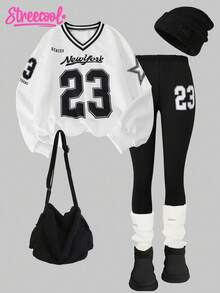 SHEIN Explorewe Ensemble 2 pièces pour filles pré-adolescentes Streecool, Top à col V imprimé numérique et leggings en tricot, confortable pour l'école et le quotidien, automne - Blanc - Voir 1