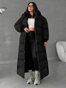 EURMUSE 中长款女士棉衣外套冬季黑色新款过膝加厚宽松保暖大衣 - 黑色 - 查看 3