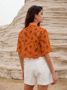 BELROSIE Women's Elegant Hollow Out Embroidered Daisy Random Vacation Shirt  All Over Print For Summer Spring Fall Autumn - Orange - View 3