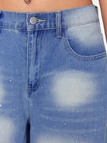 ROMWE Street Life Women's Casual Everyday Washed Rhinestone Embellished Wide Leg Jeans