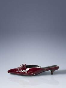 CUCCOO GRLICON Gold Rhinestone Bow Decor Low Heel Backless Women Shoes - Burgundy - View 3