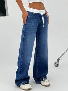 CasuGlow 100%纯棉女式短裙，年轻款低腰阔腿宽松牛仔裤 - 深色水洗藍 - 查看 5