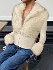 Muchica 杏色仿皮草拉链长袖女式夹克，时尚街头风格，秋冬